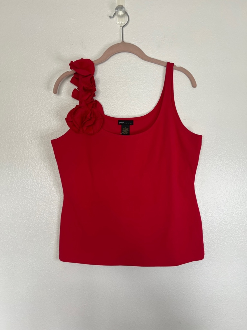 NWT Grace Elements Red One-Shoulder Floral Detail Women's Tank Top sz L